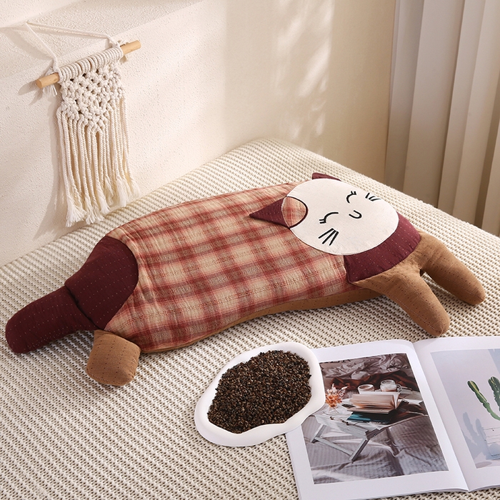 91家纺网 家纺一手货源 找家纺 蔻眠 双层纱可爱猫卡通荞麦护颈枕芯儿童学生成人枕头 格子浅棕