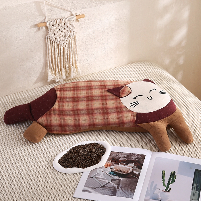 蔻眠 双层纱可爱猫卡通荞麦护颈枕芯儿童学生成人枕头 格子浅棕