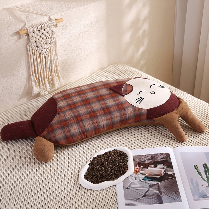 蔻眠 双层纱可爱猫卡通荞麦护颈枕芯儿童学生成人枕头 格子深棕