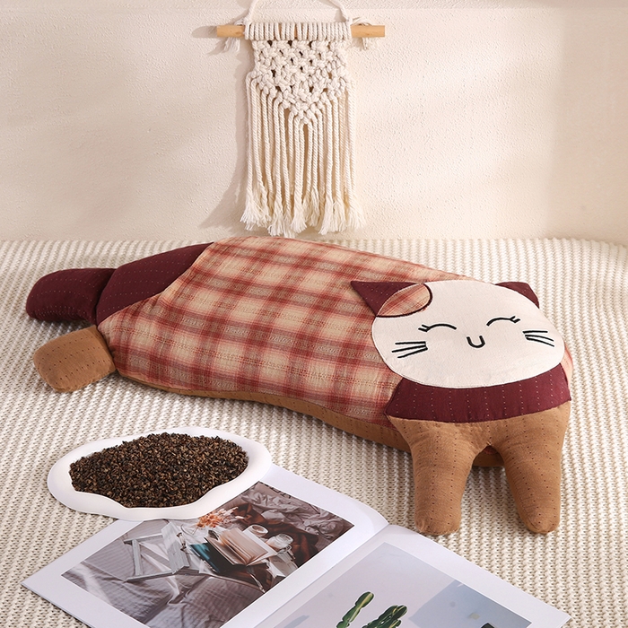 91家纺网 家纺一手货源 找家纺 蔻眠 双层纱可爱猫卡通荞麦护颈枕芯儿童学生成人枕头 格子浅棕