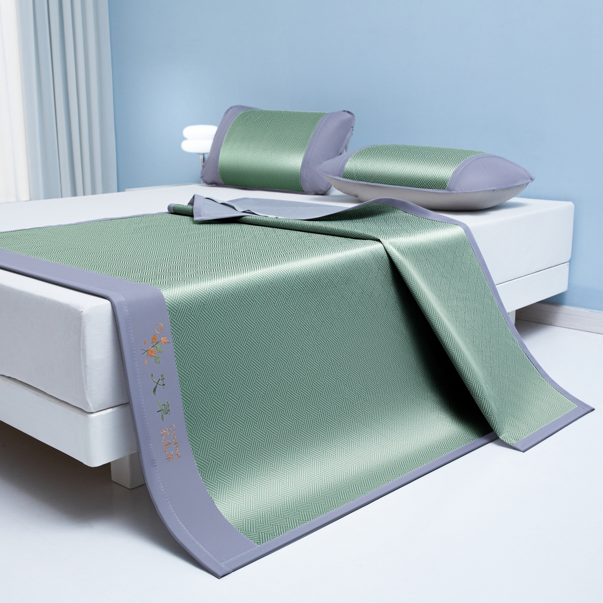 91家纺网 家纺一手货源 找家纺 席之家 2026新款可机洗水洗艾草凉感冰丝高精密碳光软席席子凉席 绿色