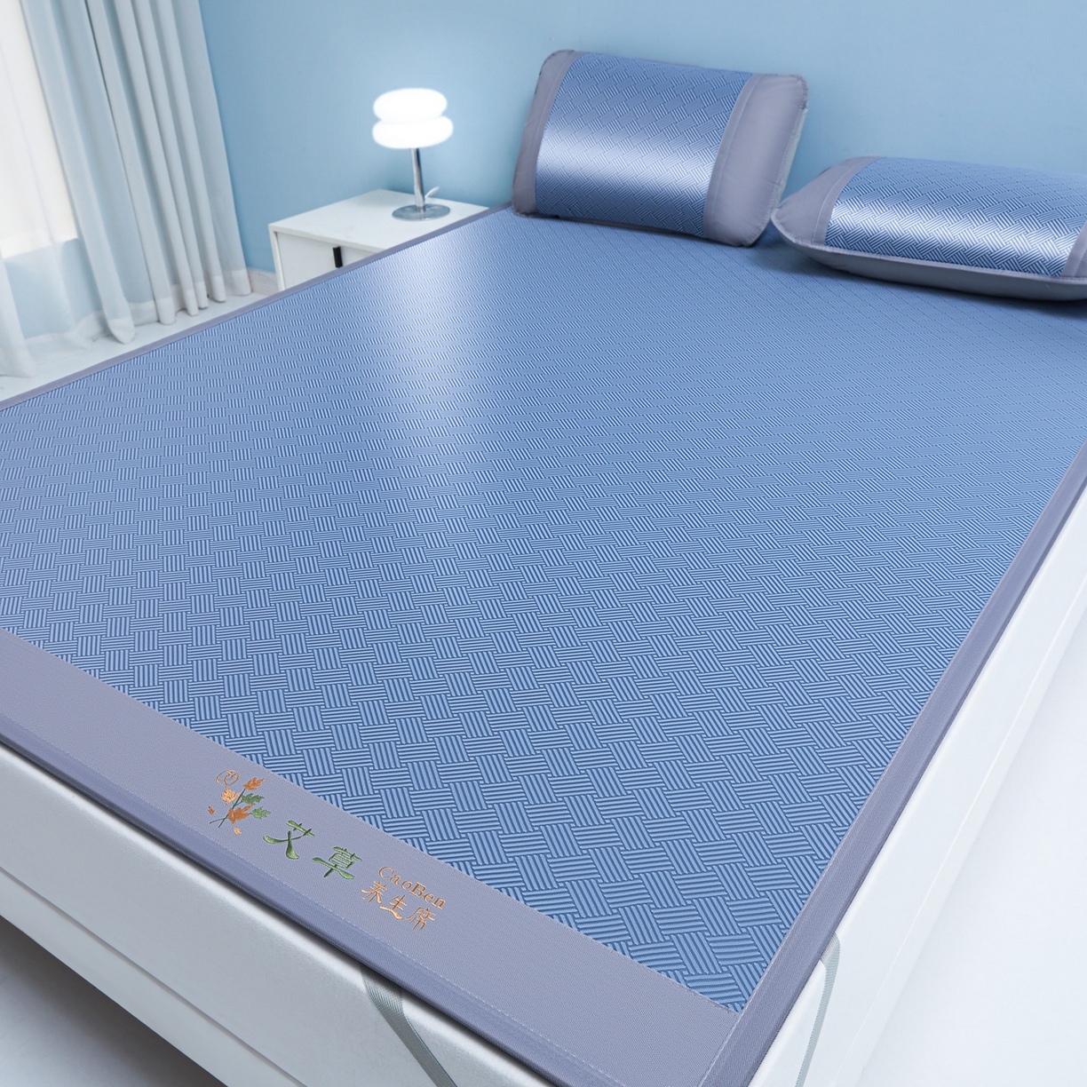 91家纺网 家纺一手货源 找家纺 席之家 2026新款可机洗水洗艾草凉感冰丝高精密碳光软席席子凉席 蓝色