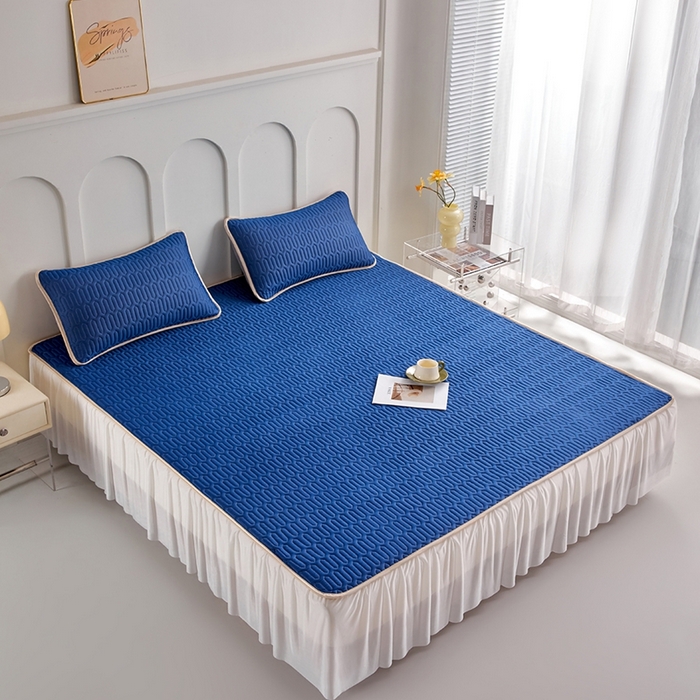 91家纺网 家纺一手货源 找家纺 羽梦家纺 2026新款冰柔丝乳胶床裙款凉席深睡蓝