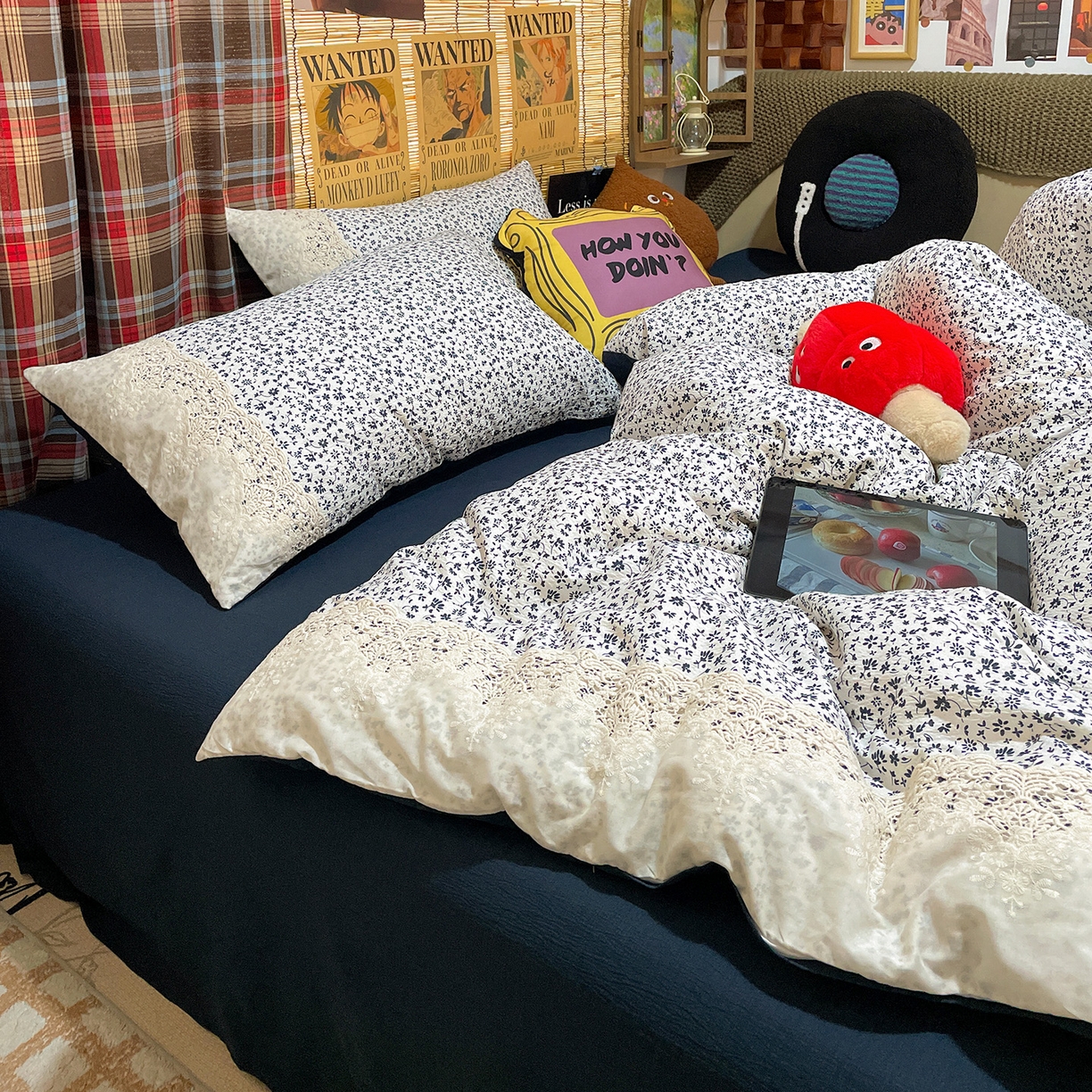 水墨江南 2026新款甜美复古花边四件套 复古花边-烟青