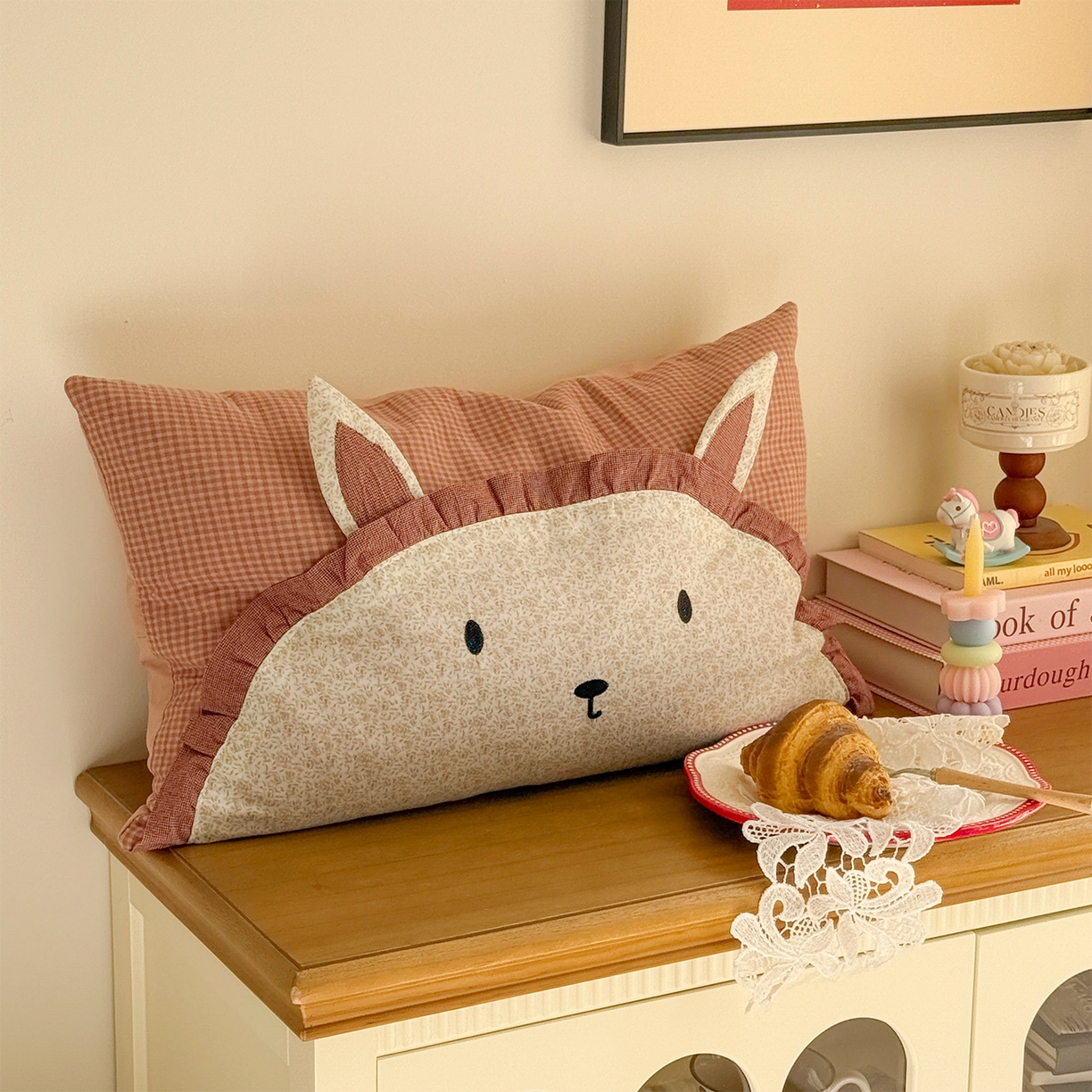 蔻眠 云朵兔-全棉刺绣卡通荞麦护颈枕头儿童学生荞麦枕芯 云朵兔-粉小格