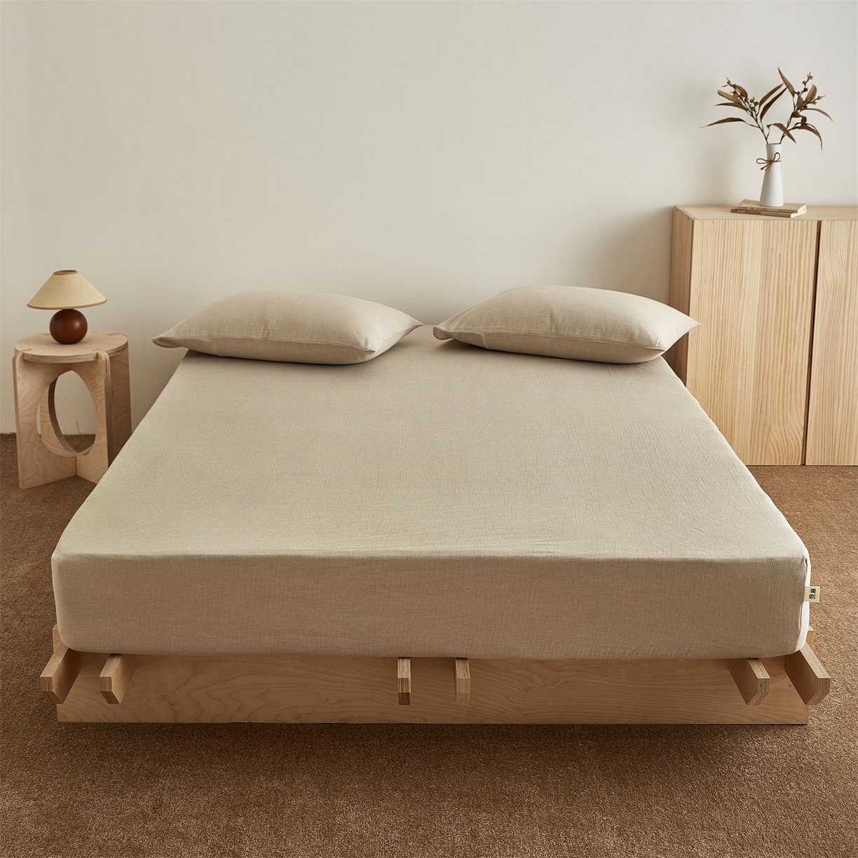 优眠坊 2026新款简约色织水洗棉麻人字纹单品床笠单件床笠 浅米杏