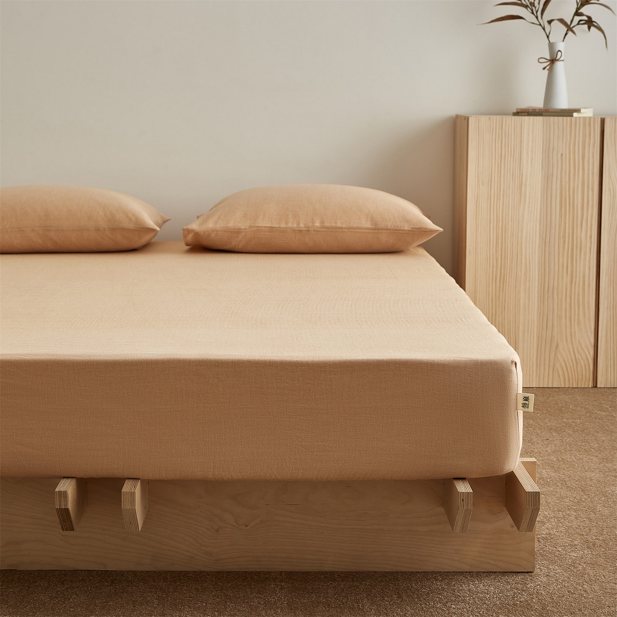 91家纺网 家纺一手货源 找家纺 优眠坊 2026新款简约色织水洗棉麻人字纹单品床笠单件床笠 南瓜橘