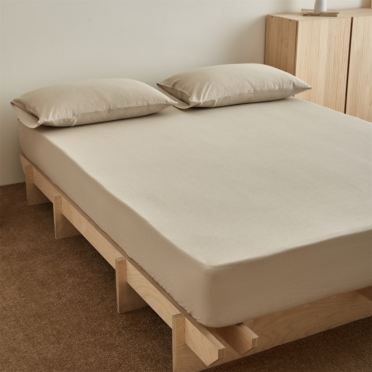 91家纺网 家纺一手货源 找家纺 优眠坊 2026新款简约色织水洗棉麻人字纹单品床笠单件床笠 浅米杏