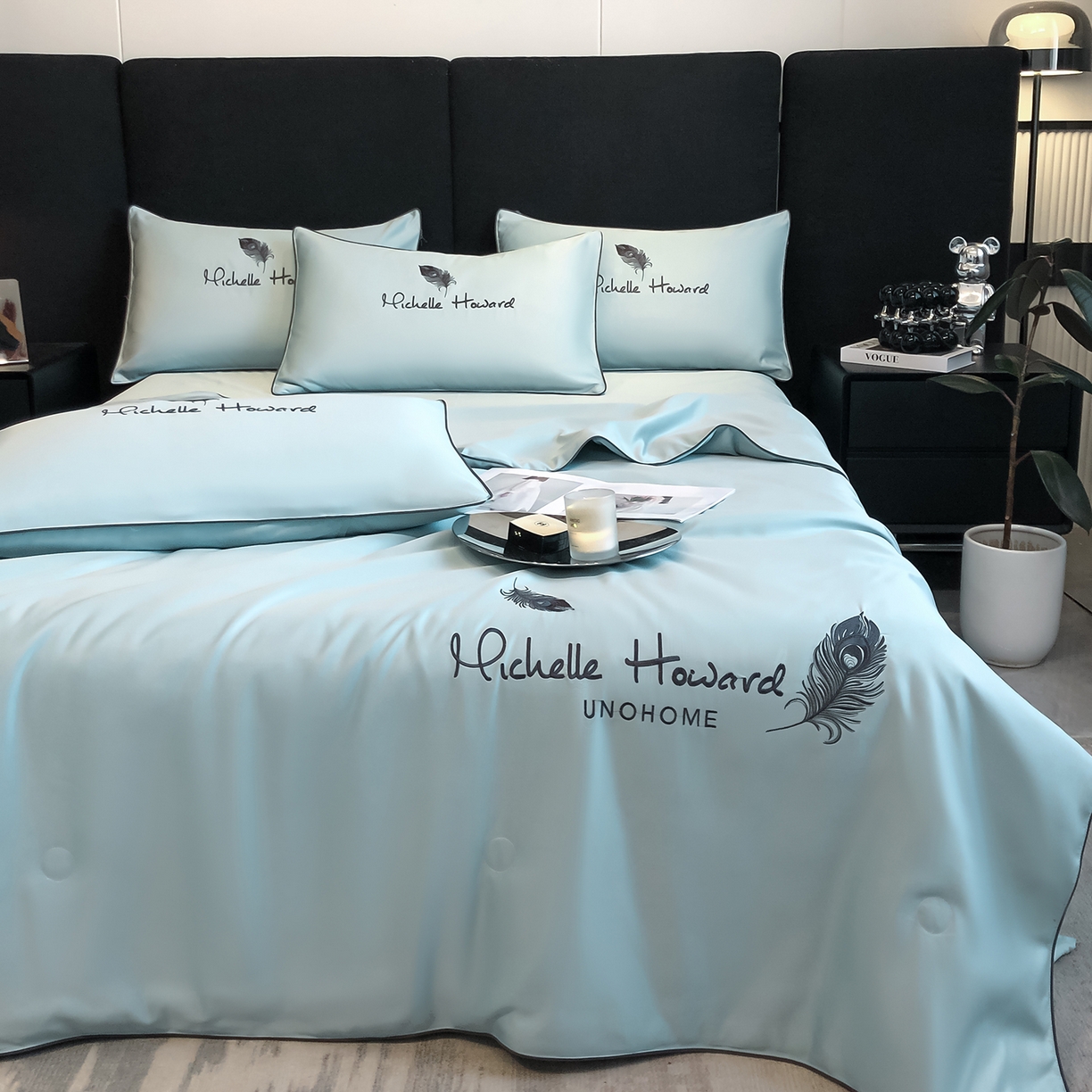 91家纺网 家纺一手货源 找家纺 吾秀家居 2026新款双拼及羽毛刺绣夏被夏凉被空调被四件套-柔羽 羽毛梵星蓝