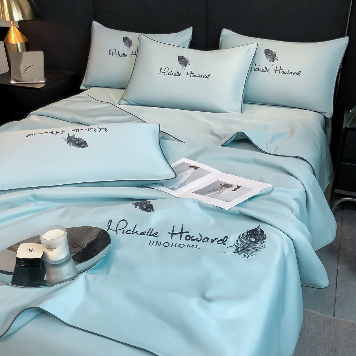 91家纺网 家纺一手货源 找家纺 吾秀家居 2026新款双拼及羽毛刺绣夏被夏凉被空调被四件套-柔羽 羽毛梵星蓝