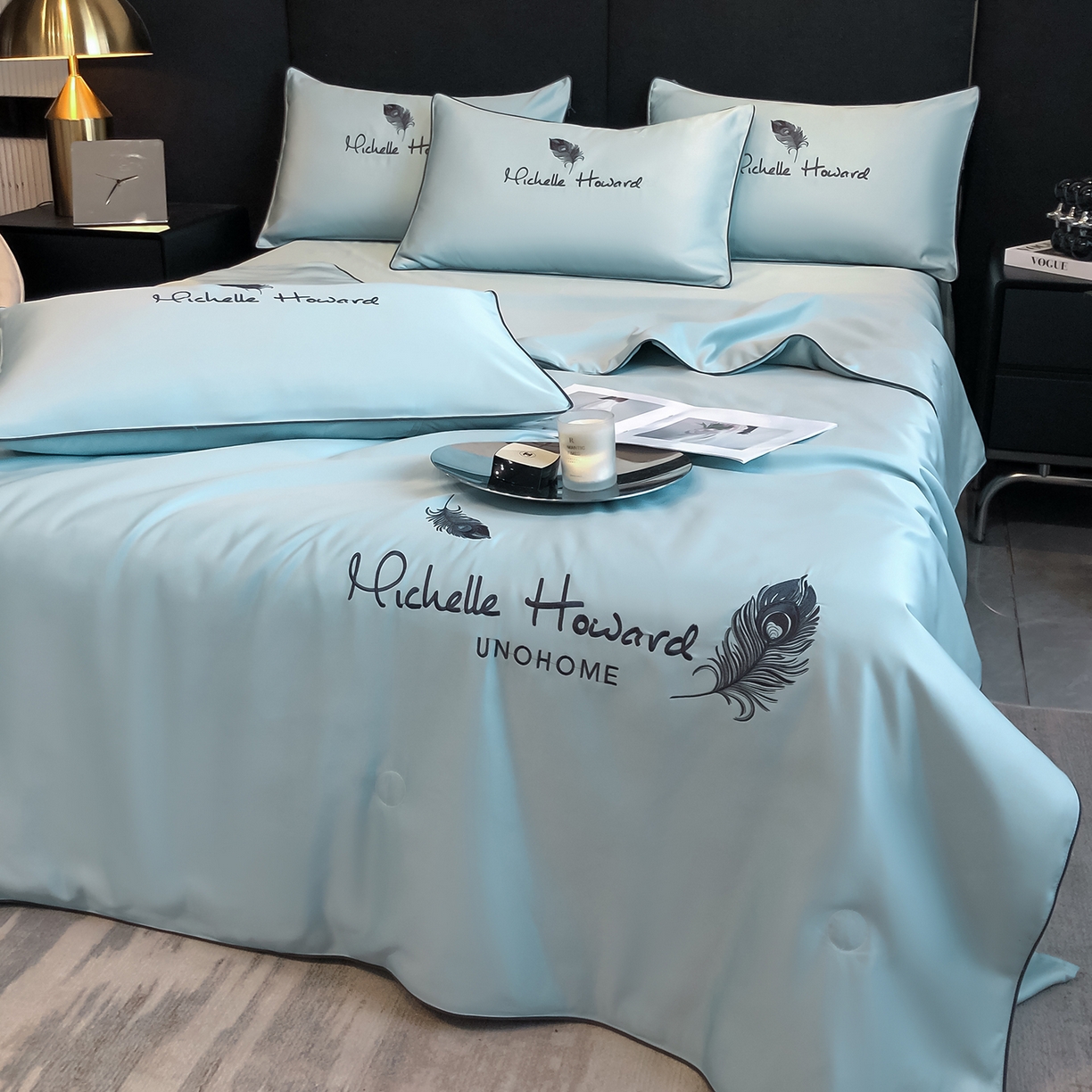 91家纺网 家纺一手货源 找家纺 吾秀家居 2026新款双拼及羽毛刺绣夏被夏凉被空调被四件套-柔羽 羽毛梵星蓝