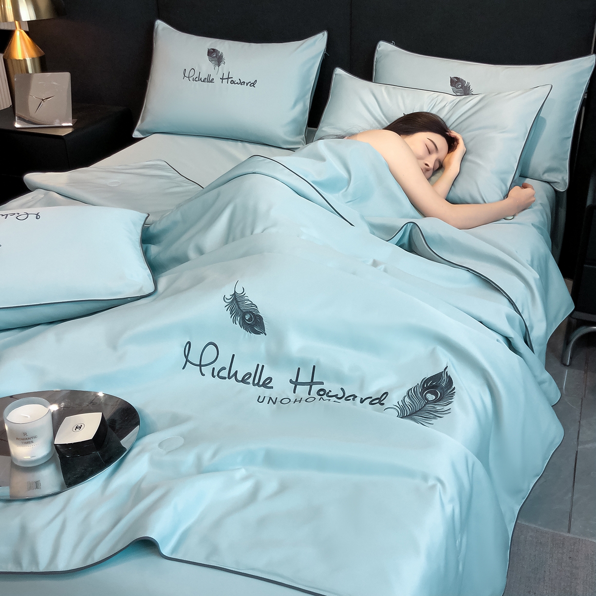 91家纺网 家纺一手货源 找家纺 吾秀家居 2026新款双拼及羽毛刺绣夏被夏凉被空调被四件套-柔羽 羽毛梵星蓝