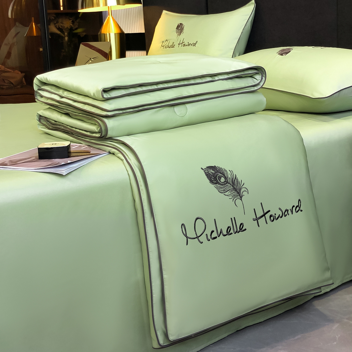 吾秀家居 2026新款双拼及羽毛刺绣夏被夏凉被空调被四件套-柔羽 羽毛果绿