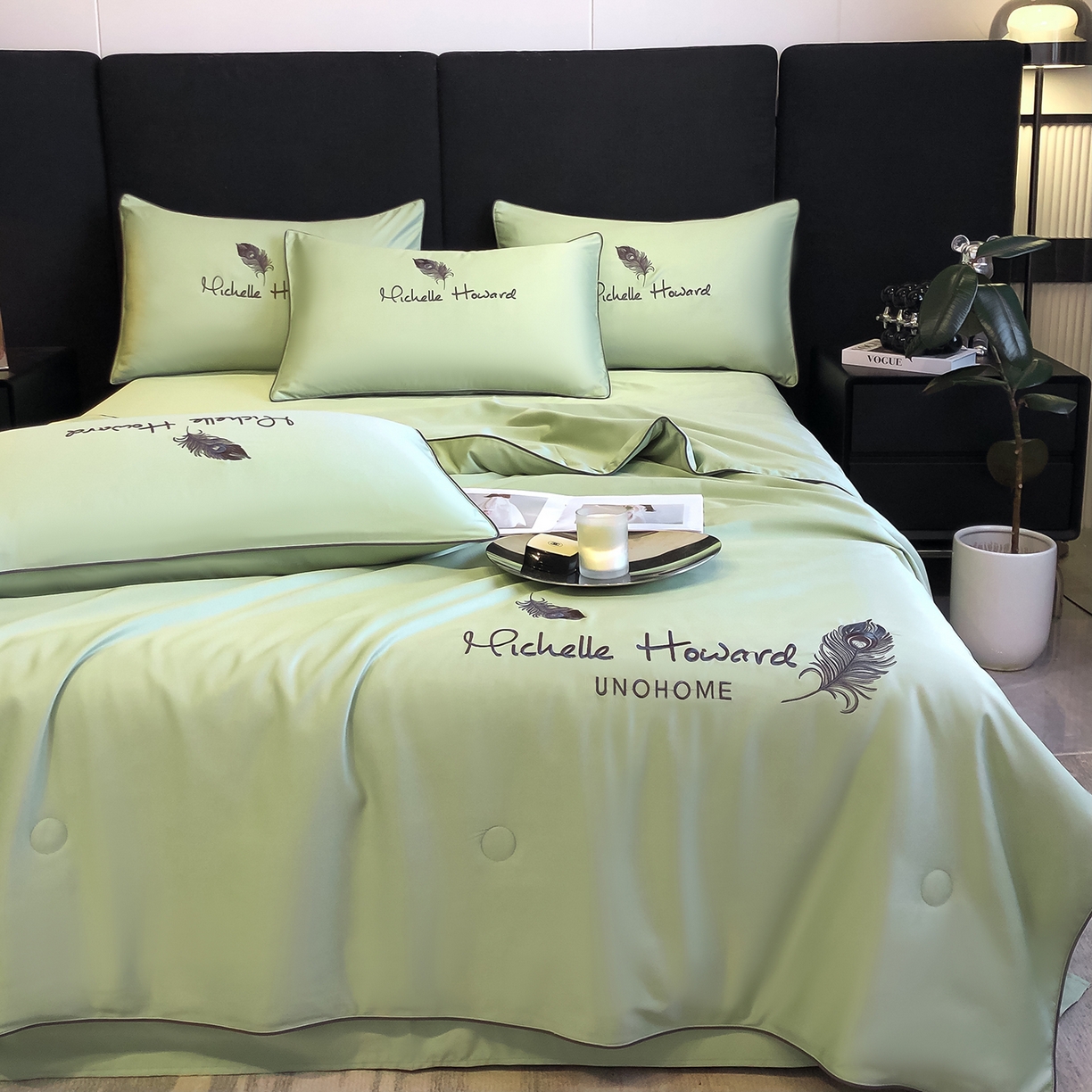 91家纺网 家纺一手货源 找家纺 吾秀家居 2026新款双拼及羽毛刺绣夏被夏凉被空调被四件套-柔羽 羽毛果绿