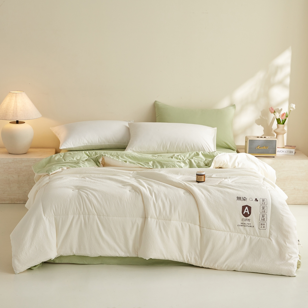 91家纺网 家纺一手货源 找家纺 帕芬鸟家纺 2026春夏新款A+无染大豆夏被夏凉被空调被 无染-米拼绿