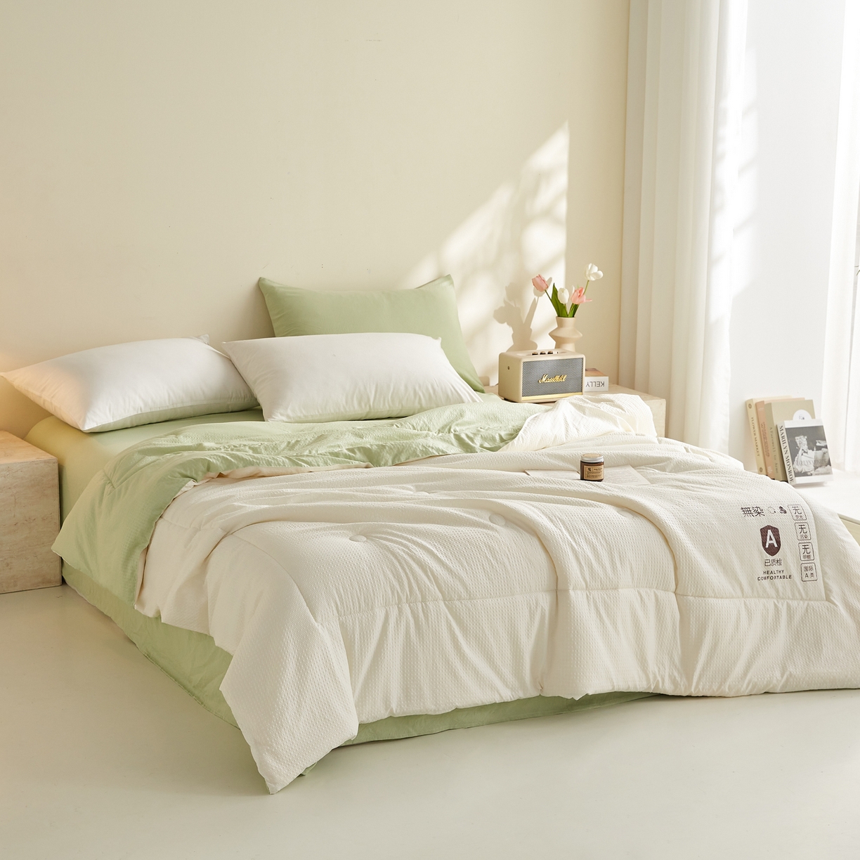 91家纺网 家纺一手货源 找家纺 帕芬鸟家纺 2026春夏新款A+无染大豆夏被夏凉被空调被 无染-米拼绿