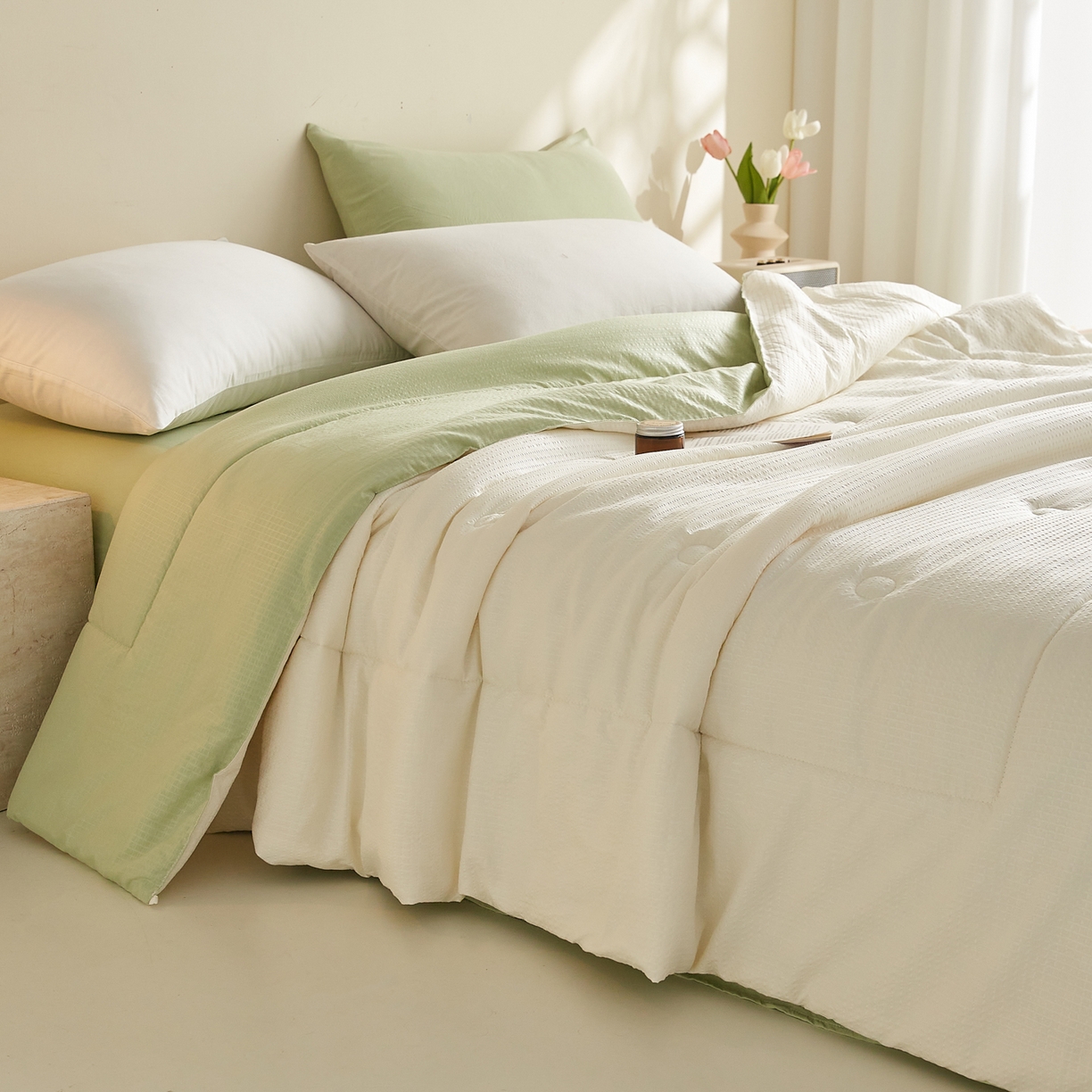 91家纺网 家纺一手货源 找家纺 帕芬鸟家纺 2026春夏新款A+无染大豆夏被夏凉被空调被 无染-米拼绿