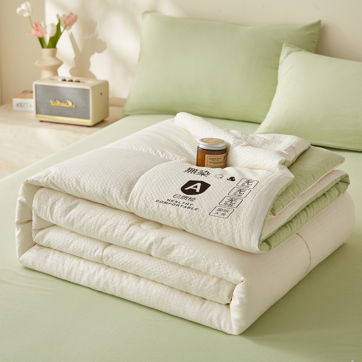 91家纺网 家纺一手货源 找家纺 帕芬鸟家纺 2026春夏新款A+无染大豆夏被夏凉被空调被 无染-米拼绿