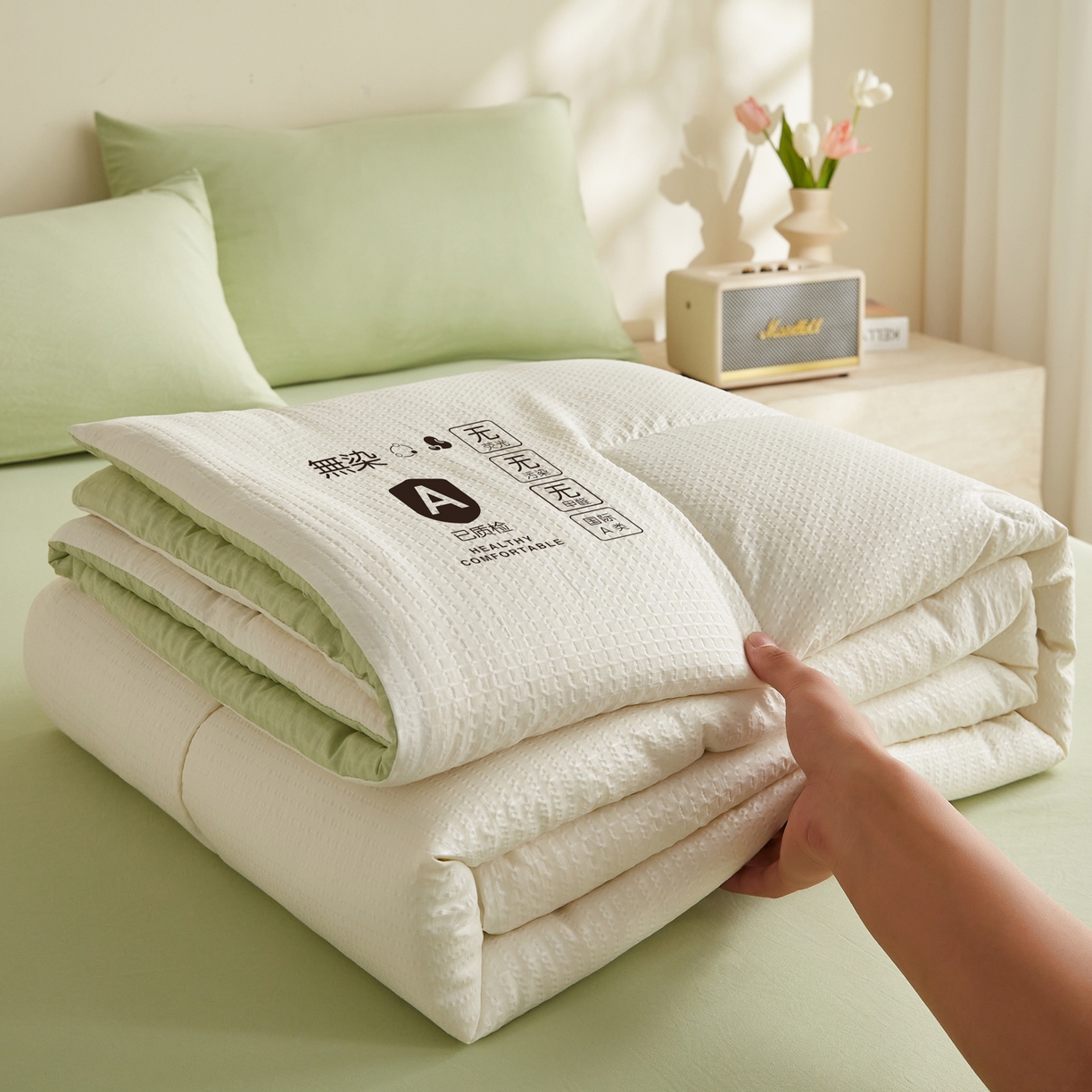 91家纺网 家纺一手货源 找家纺 帕芬鸟家纺 2026春夏新款A+无染大豆夏被夏凉被空调被 无染-米拼绿