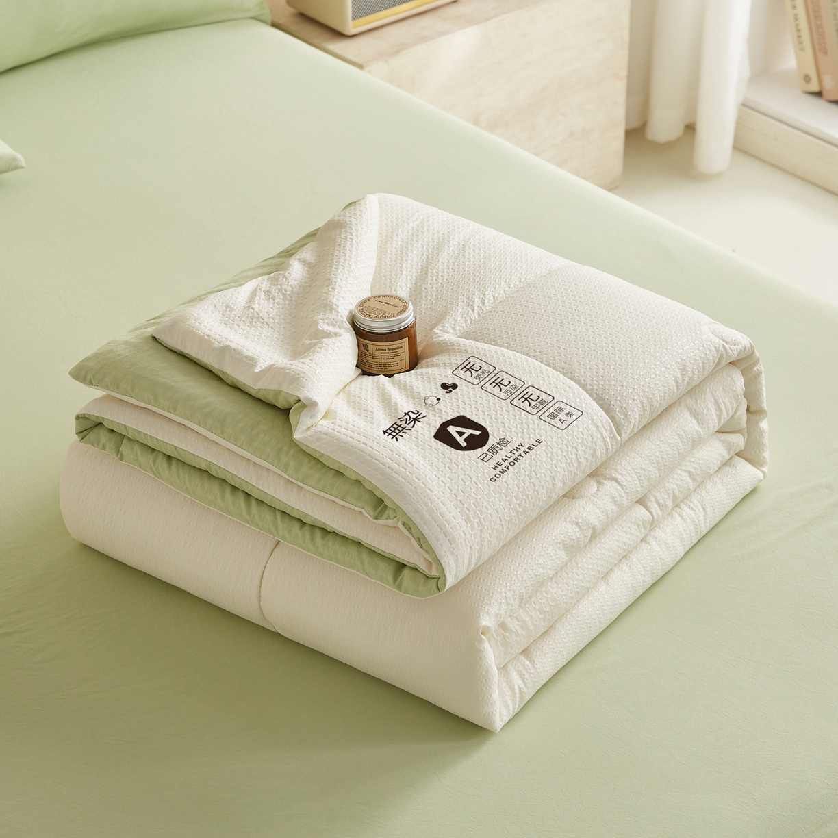91家纺网 家纺一手货源 找家纺 帕芬鸟家纺 2026春夏新款A+无染大豆夏被夏凉被空调被 无染-米拼绿