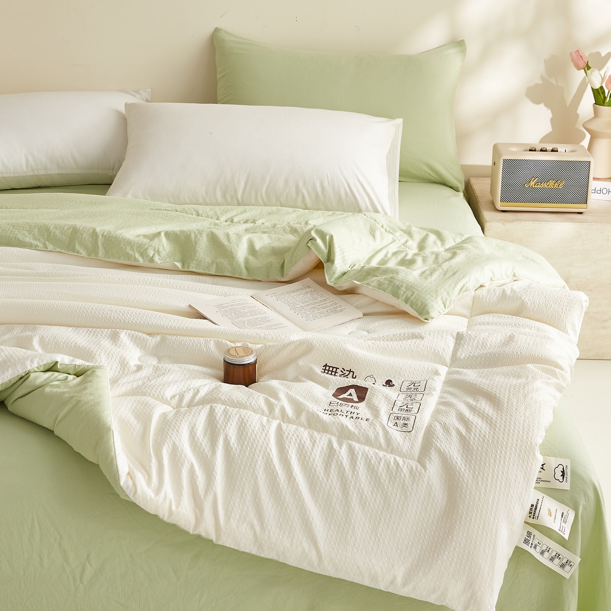 91家纺网 家纺一手货源 找家纺 帕芬鸟家纺 2026春夏新款A+无染大豆夏被夏凉被空调被 无染-米拼绿