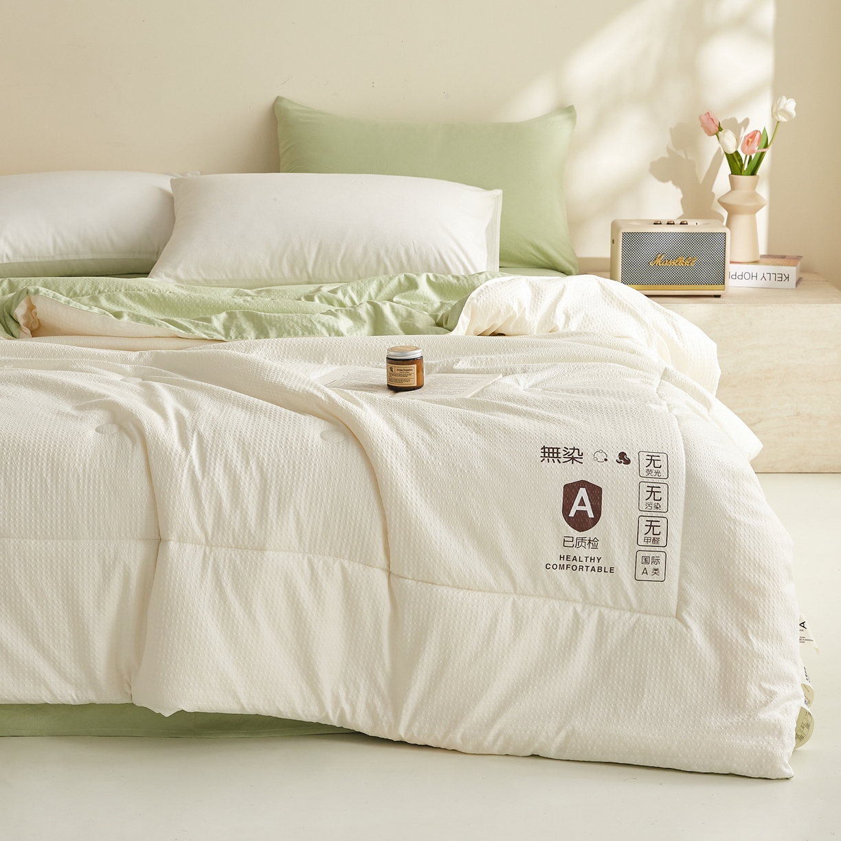 91家纺网 家纺一手货源 找家纺 帕芬鸟家纺 2026春夏新款A+无染大豆夏被夏凉被空调被 无染-米拼绿