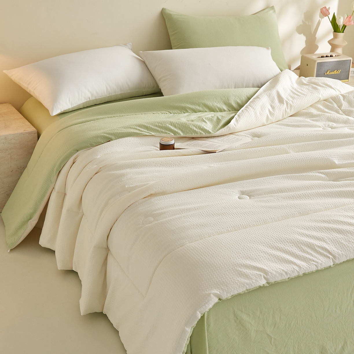 91家纺网 家纺一手货源 找家纺 帕芬鸟家纺 2026春夏新款A+无染大豆夏被夏凉被空调被 无染-米拼绿