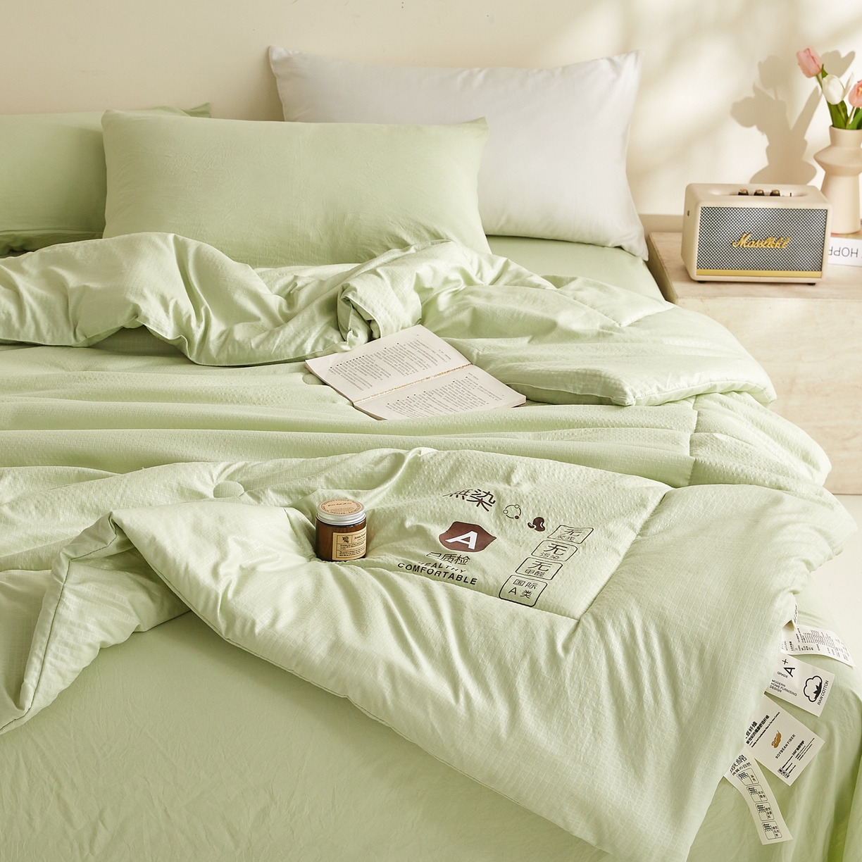 91家纺网 家纺一手货源 找家纺 帕芬鸟家纺 2026春夏新款A+无染大豆夏被夏凉被空调被 无染-水绿