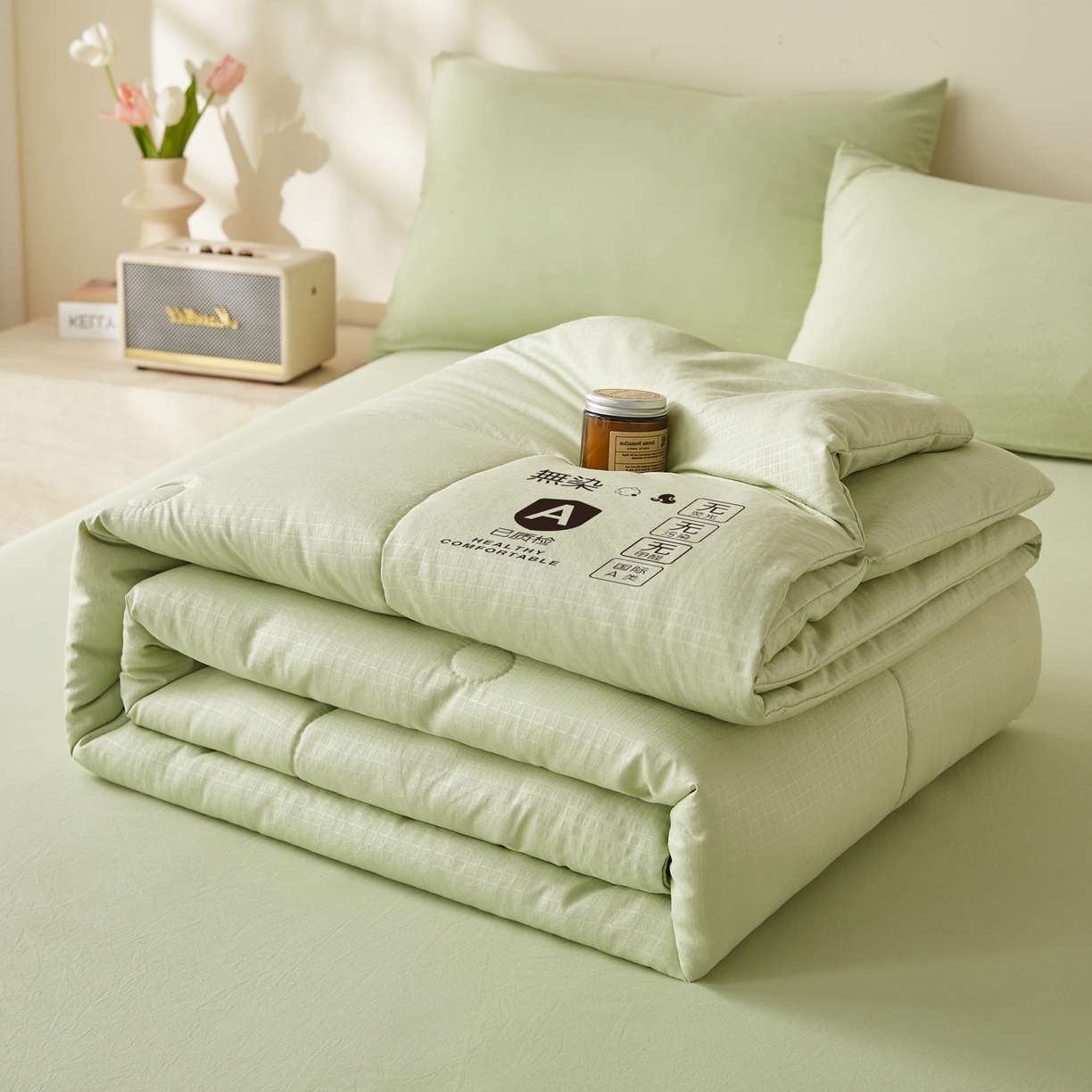 91家纺网 家纺一手货源 找家纺 帕芬鸟家纺 2026春夏新款A+无染大豆夏被夏凉被空调被 无染-水绿