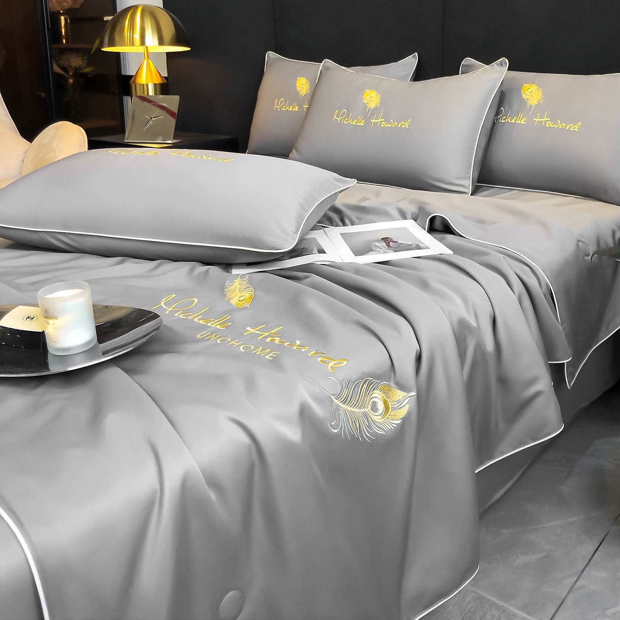 91家纺网 家纺一手货源 找家纺 吾秀家居 2026新款双拼及羽毛刺绣夏被夏凉被空调被四件套-柔羽 羽毛经典灰