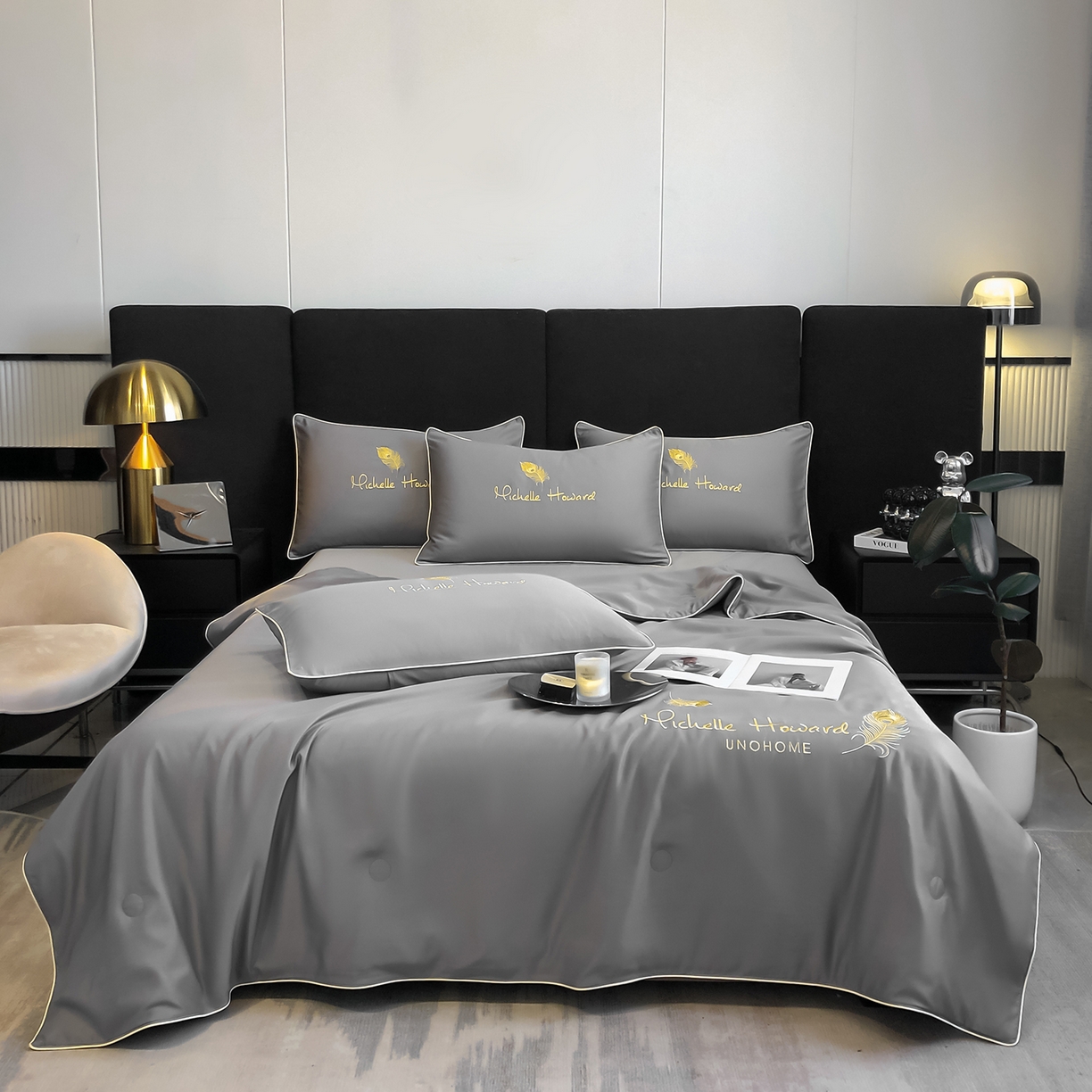 91家纺网 家纺一手货源 找家纺 吾秀家居 2026新款双拼及羽毛刺绣夏被夏凉被空调被四件套-柔羽 羽毛经典灰