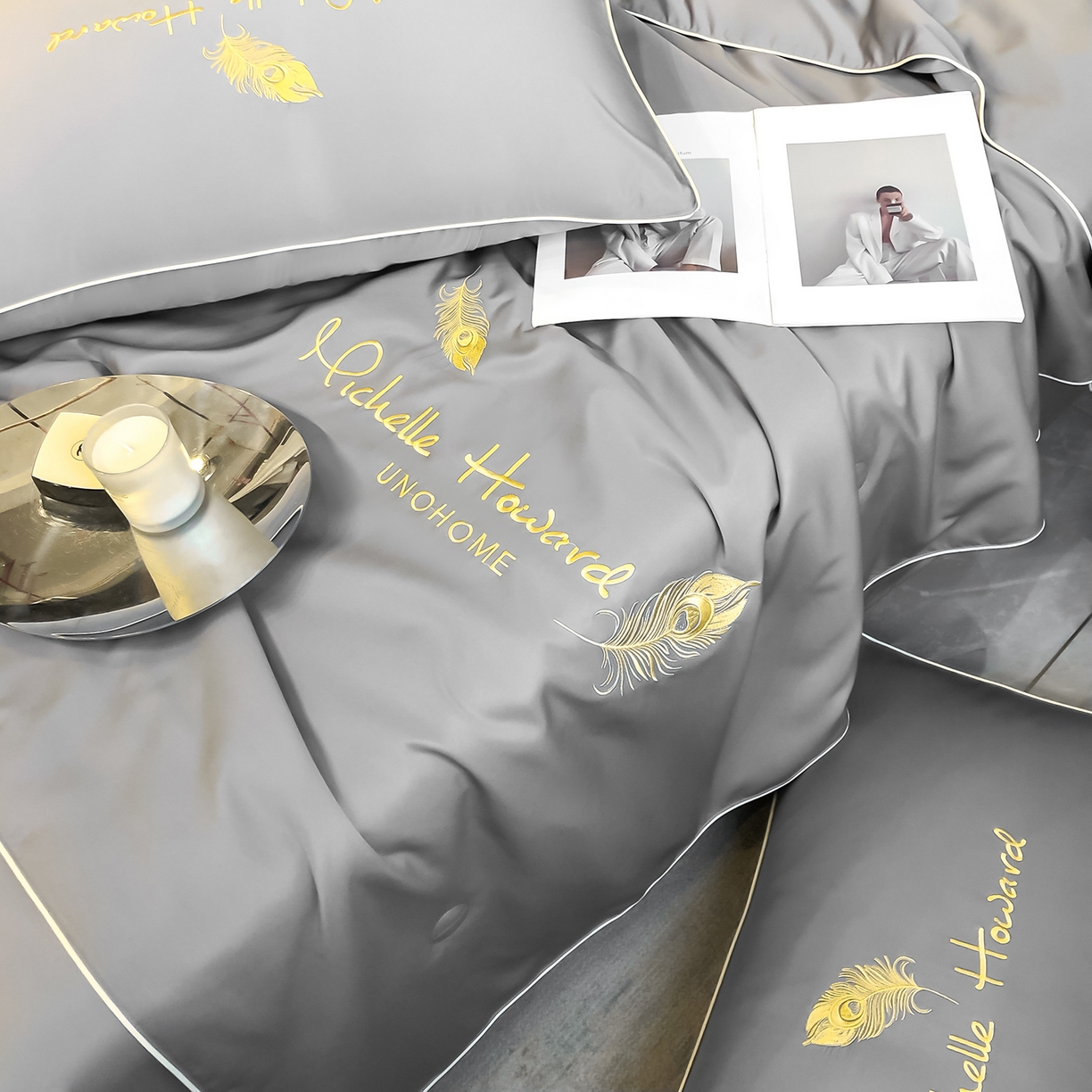 91家纺网 家纺一手货源 找家纺 吾秀家居 2026新款双拼及羽毛刺绣夏被夏凉被空调被四件套-柔羽 羽毛经典灰