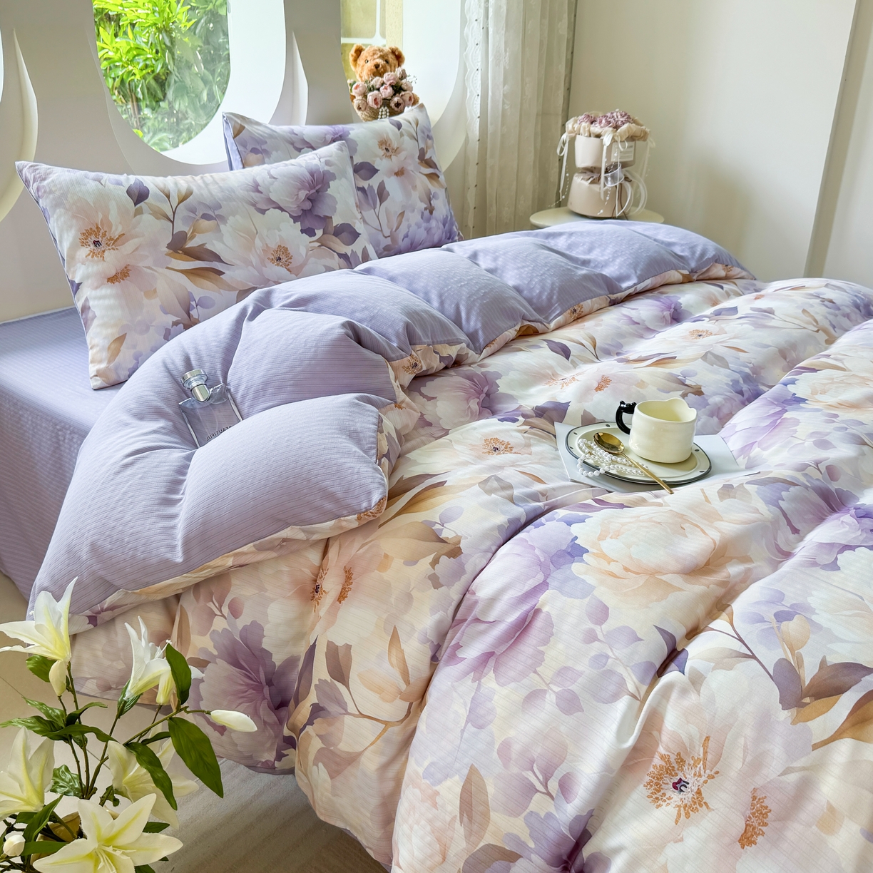 91家纺网 家纺一手货源 找家纺 壹号库 2025新款A类提花有氧彩竺绵四件套牡丹锦华