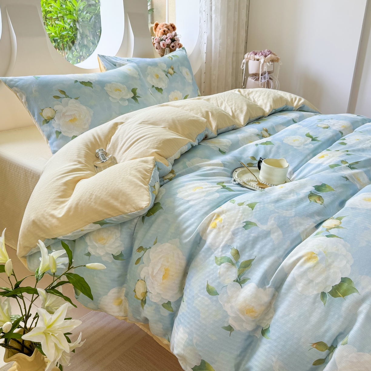 91家纺网 家纺一手货源 找家纺 壹号库 2025新款A类提花有氧彩竺绵四件套雪海山茶