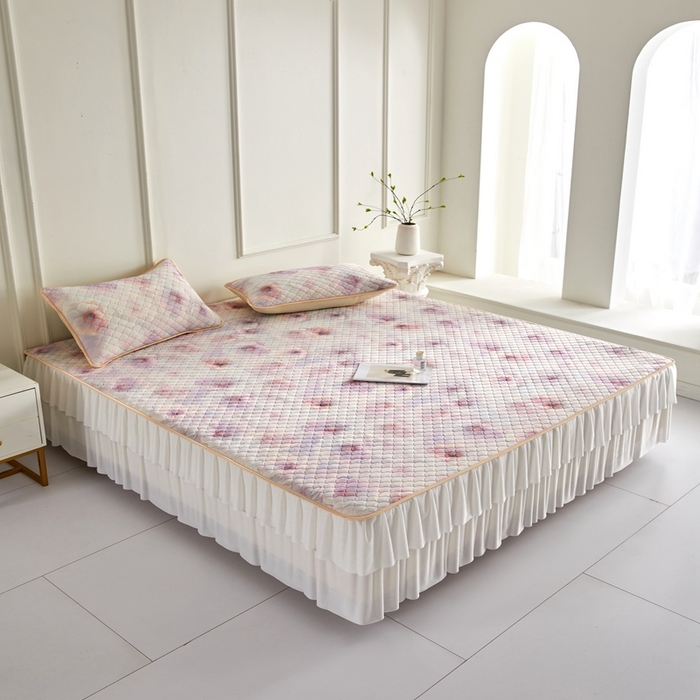 91家纺网 家纺一手货源 找家纺 羽梦家纺 2026新款硅胶床裙款凉席席子 雾粉花眠