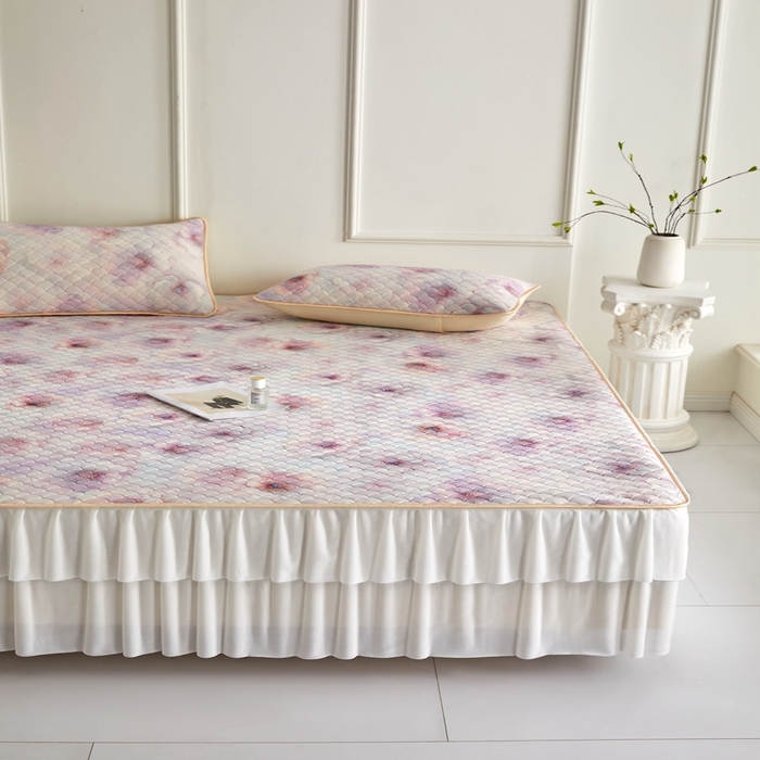 91家纺网 家纺一手货源 找家纺 羽梦家纺 2026新款硅胶床裙款凉席席子 雾粉花眠