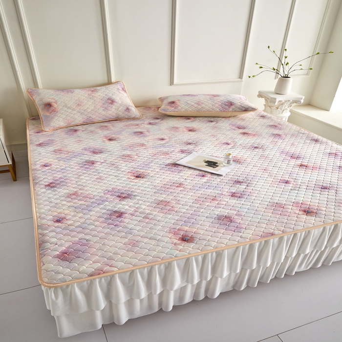 91家纺网 家纺一手货源 找家纺 羽梦家纺 2026新款硅胶床裙款凉席席子 雾粉花眠