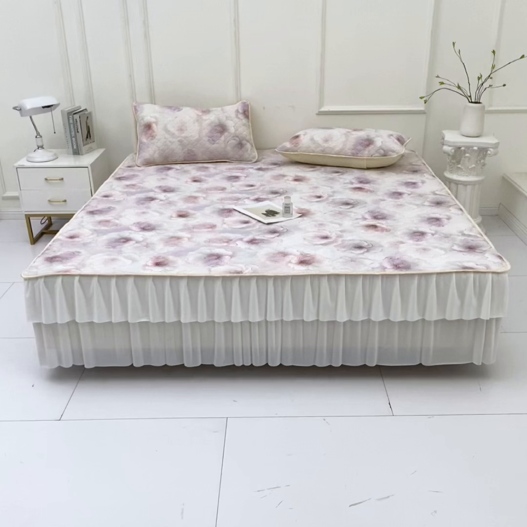 91家纺网 家纺一手货源 找家纺 羽梦家纺 2026新款硅胶床裙款凉席席子 雾粉花眠