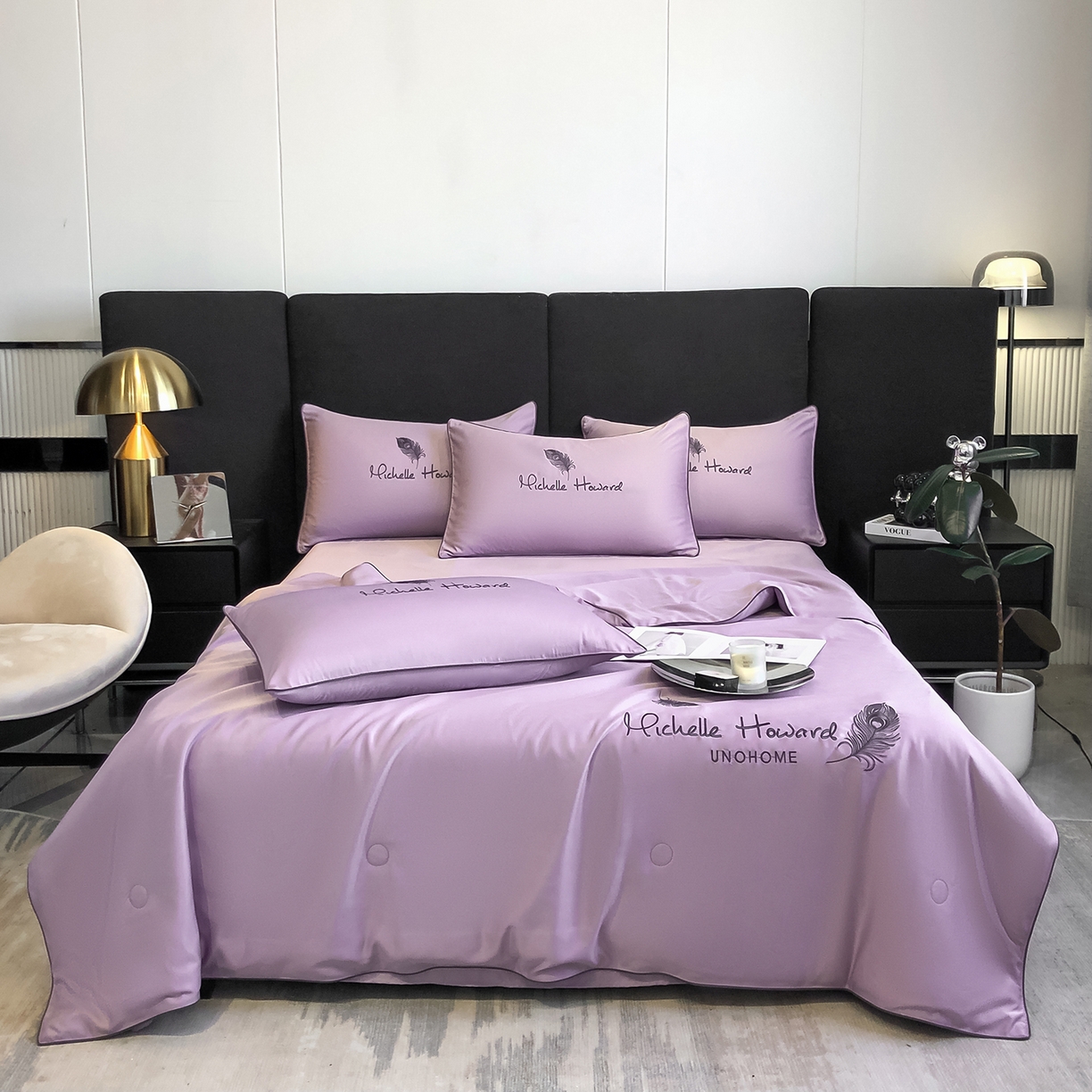 91家纺网 家纺一手货源 找家纺 吾秀家居 2026新款双拼及羽毛刺绣夏被夏凉被空调被四件套-柔羽 羽毛紫