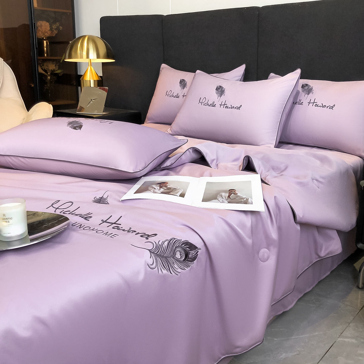 91家纺网 家纺一手货源 找家纺 吾秀家居 2026新款双拼及羽毛刺绣夏被夏凉被空调被四件套-柔羽 羽毛紫