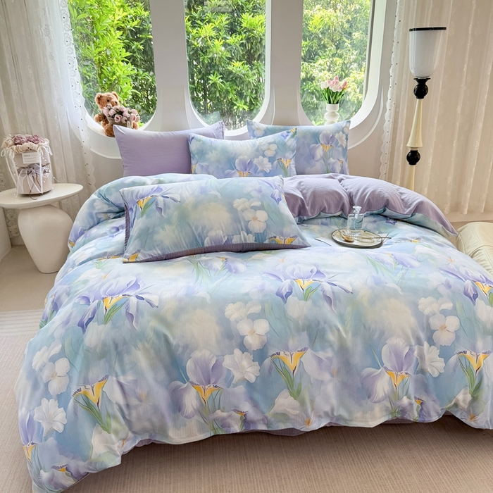 91家纺网 家纺一手货源 找家纺 壹号库 2025新款A类提花有氧彩竺绵四件套蓝梦鸢尾