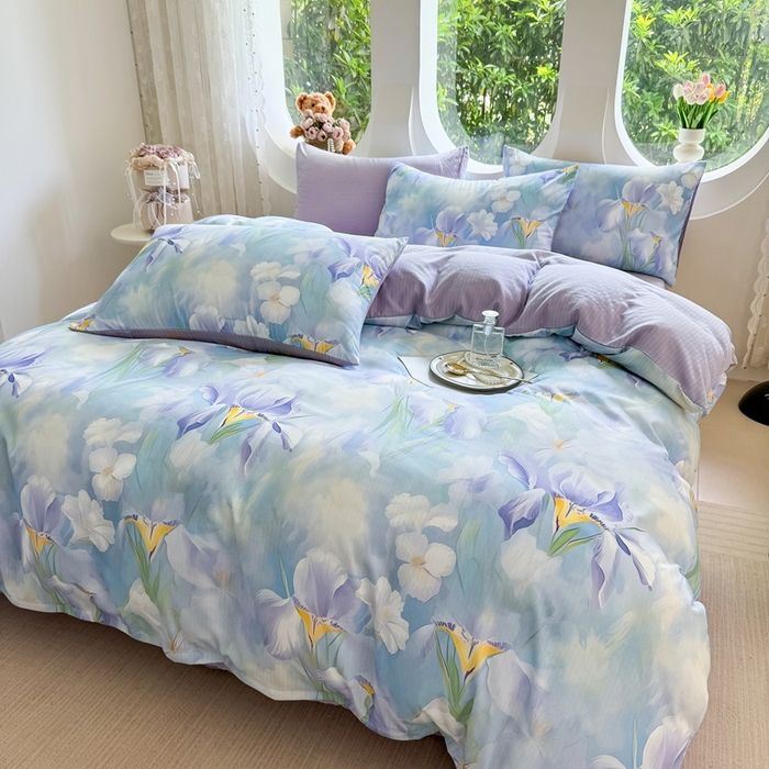 91家纺网 家纺一手货源 找家纺 壹号库 2025新款A类提花有氧彩竺绵四件套蓝梦鸢尾