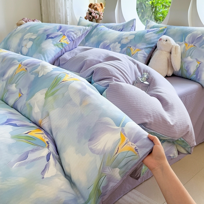 91家纺网 家纺一手货源 找家纺 壹号库 2025新款A类提花有氧彩竺绵四件套蓝梦鸢尾