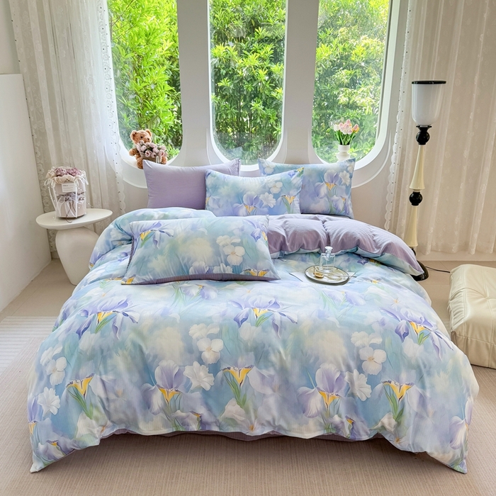 91家纺网 家纺一手货源 找家纺 壹号库 2025新款A类提花有氧彩竺绵四件套蓝梦鸢尾