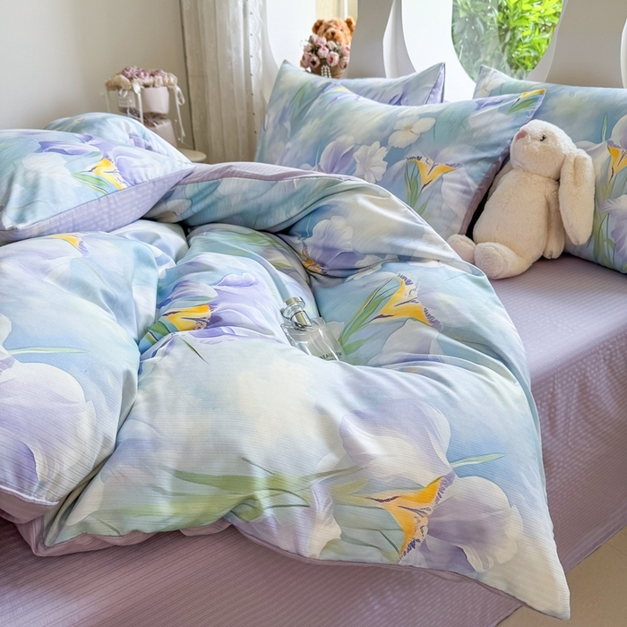 91家纺网 家纺一手货源 找家纺 壹号库 2025新款A类提花有氧彩竺绵四件套蓝梦鸢尾