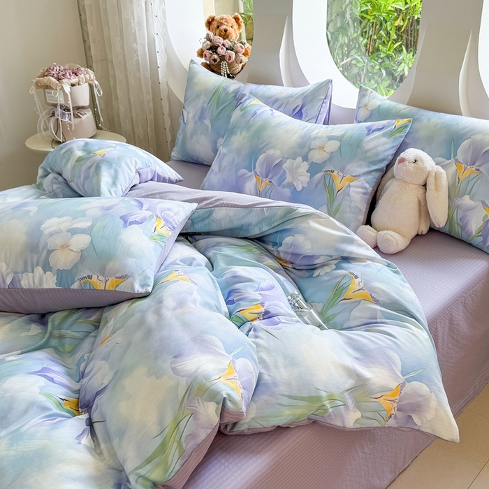 91家纺网 家纺一手货源 找家纺 壹号库 2025新款A类提花有氧彩竺绵四件套蓝梦鸢尾