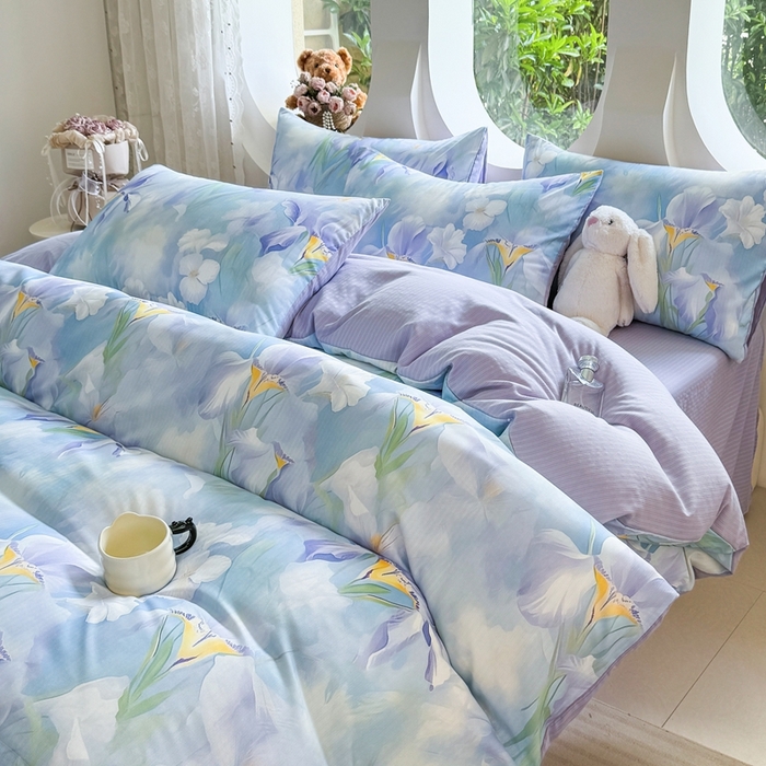 91家纺网 家纺一手货源 找家纺 壹号库 2025新款A类提花有氧彩竺绵四件套蓝梦鸢尾