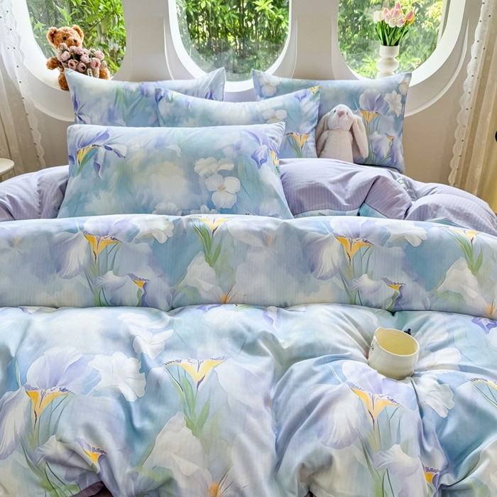 91家纺网 家纺一手货源 找家纺 壹号库 2025新款A类提花有氧彩竺绵四件套蓝梦鸢尾