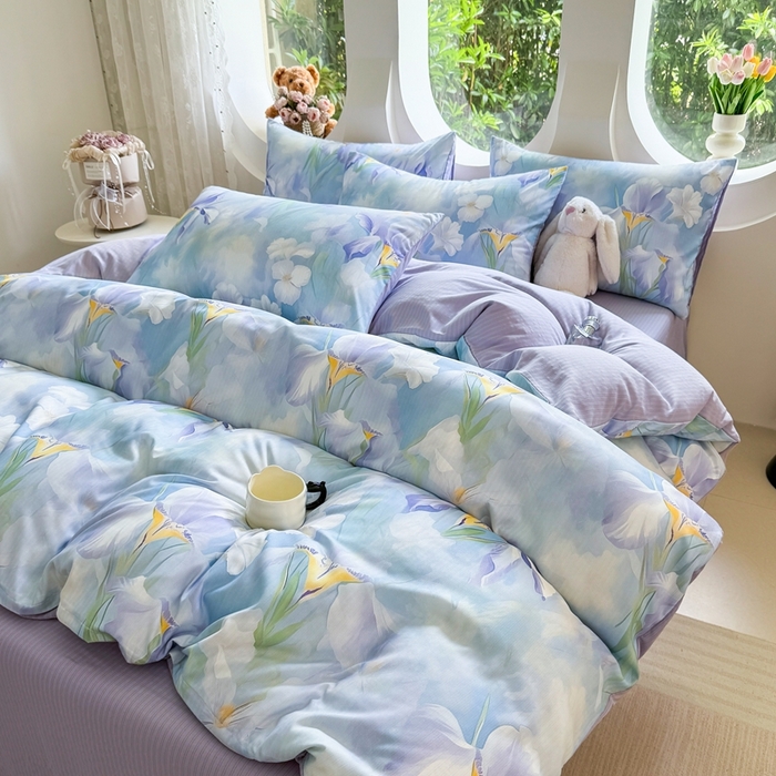 91家纺网 家纺一手货源 找家纺 壹号库 2025新款A类提花有氧彩竺绵四件套蓝梦鸢尾