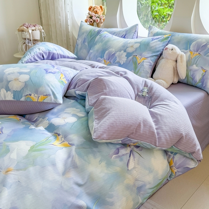 91家纺网 家纺一手货源 找家纺 壹号库 2025新款A类提花有氧彩竺绵四件套蓝梦鸢尾